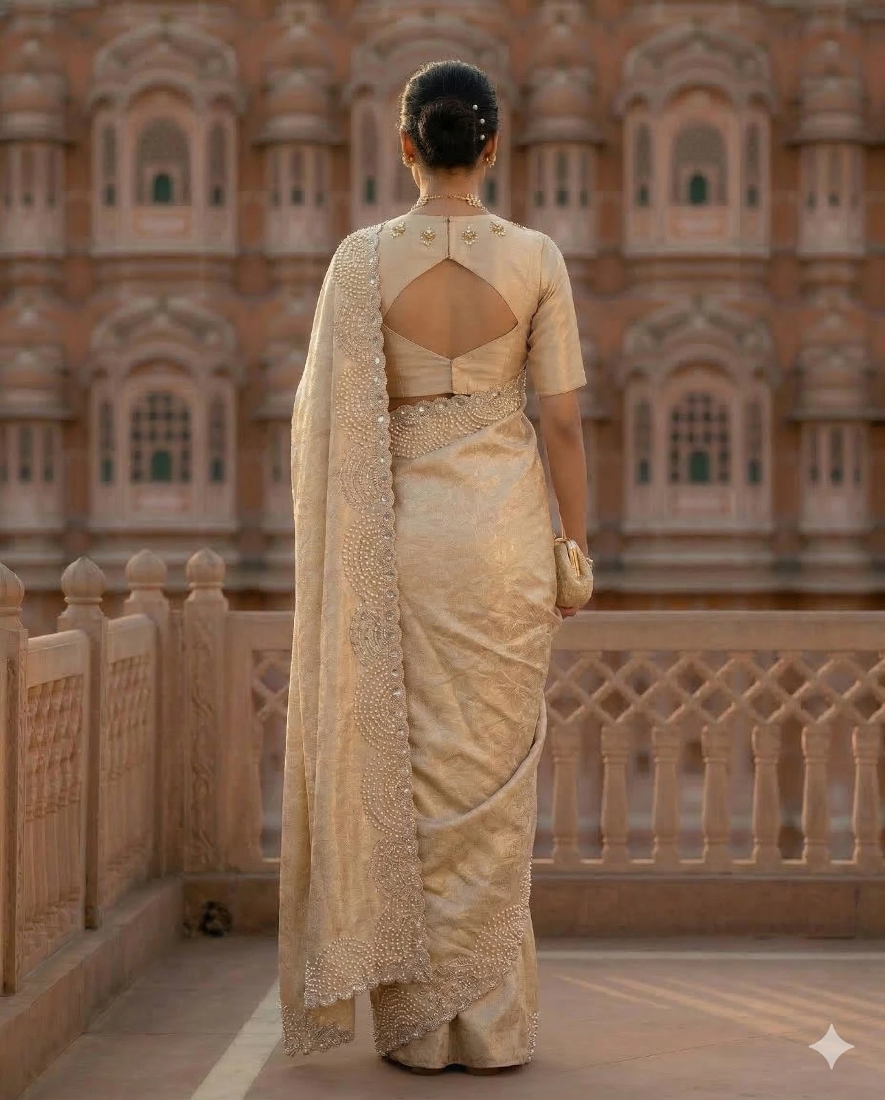 Elegant Gold Tissue Brocade Saree with Pearl Embellished Border & Designer Blous — Gold