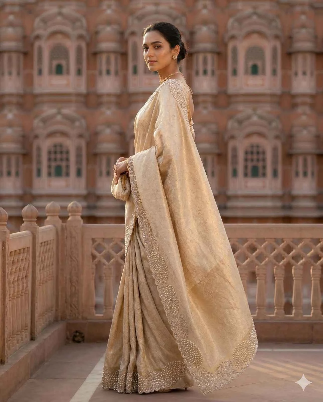Elegant Gold Tissue Brocade Saree with Pearl Embellished Border & Designer Blous — Gold