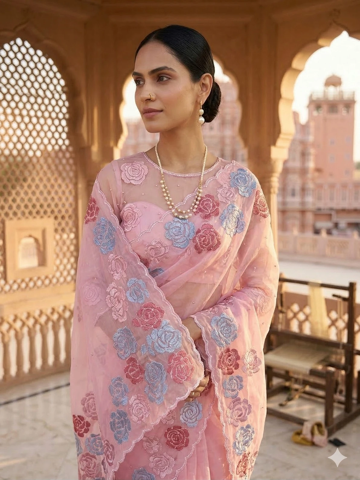 Blush Pink Organza Saree with Floral Embroidery and Designer Blouse — Pink