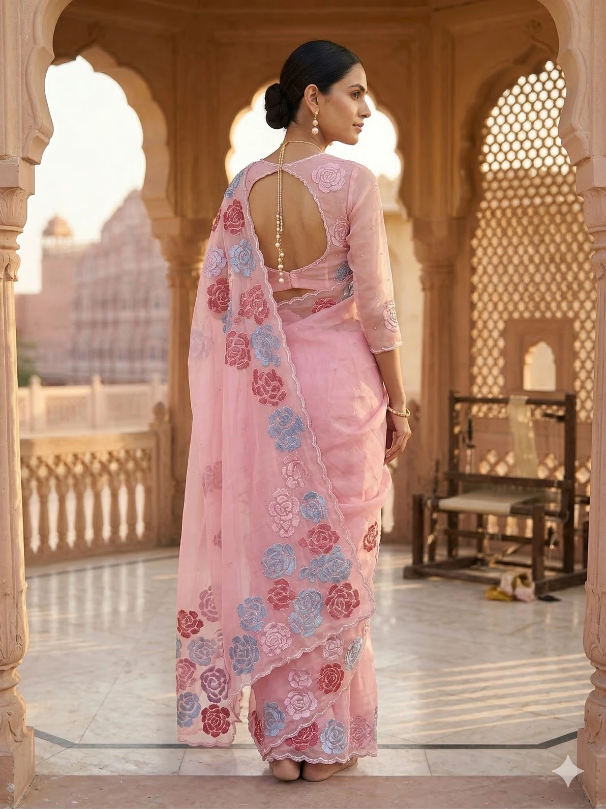 Blush Pink Organza Saree with Floral Embroidery and Designer Blouse — Pink