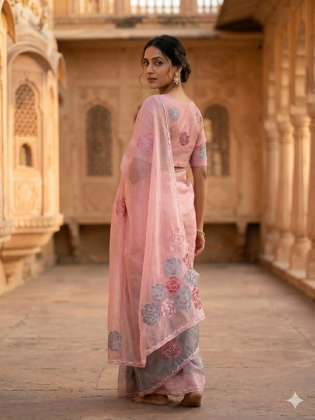 Blush Pink Organza Saree with Floral Embroidery and Designer Blouse — Pink