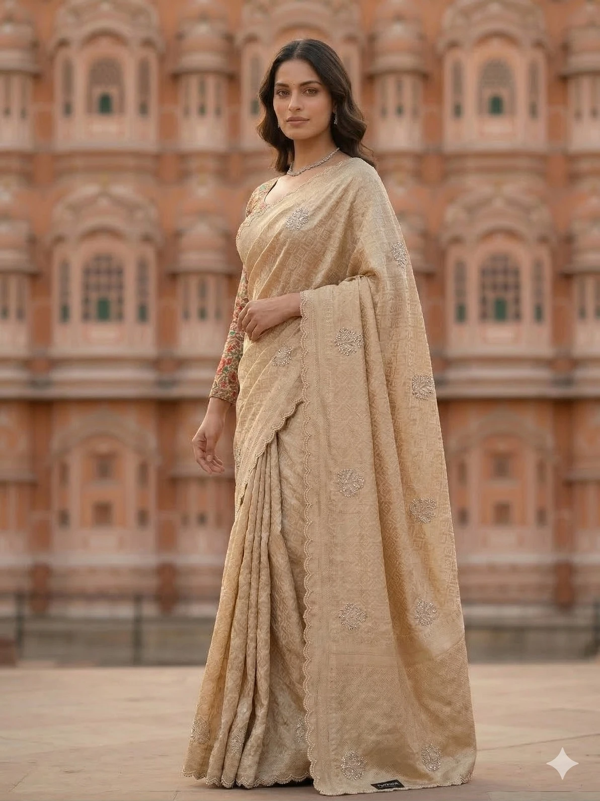 Golden Tissue Weaving Saree with Floral Embroidered Designer Blouse — Gold