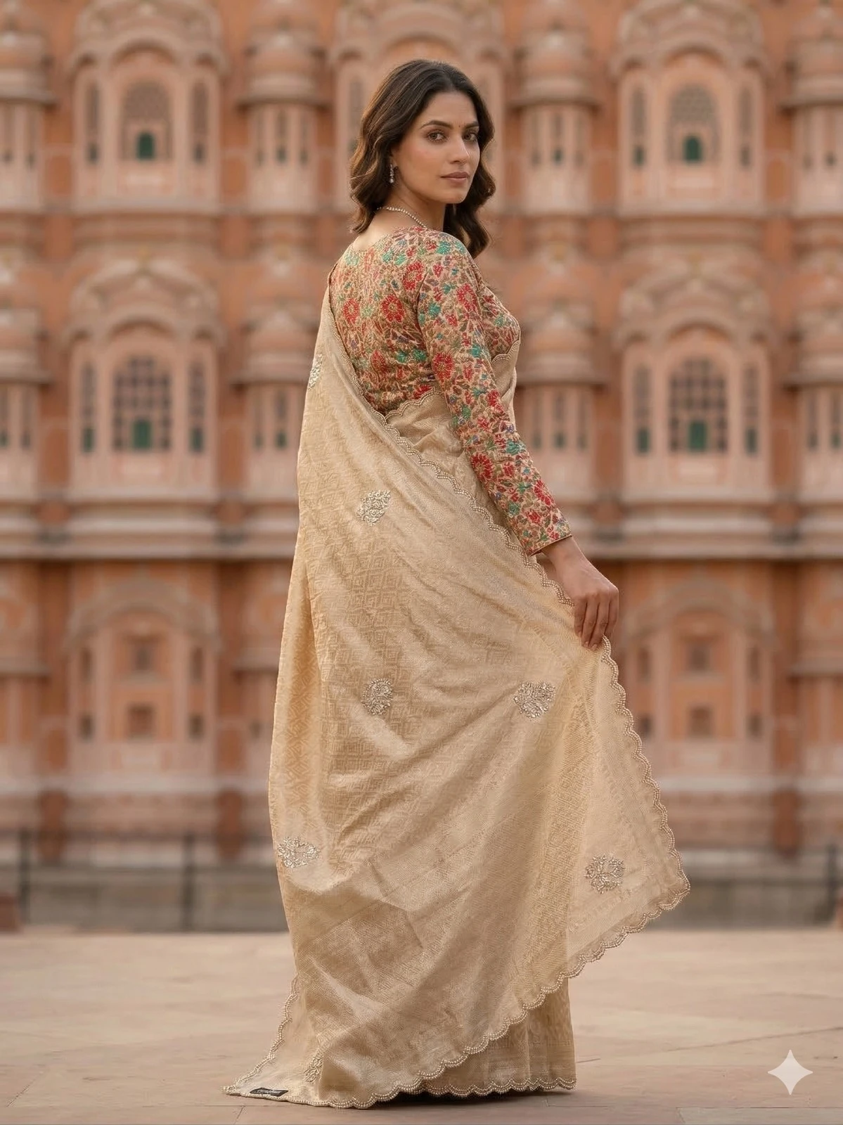 Golden Tissue Weaving Saree with Floral Embroidered Designer Blouse — Gold