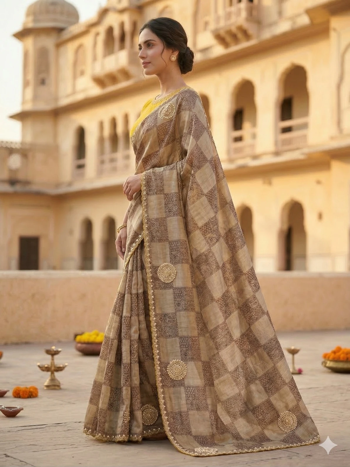 Beige & Brown Checkered Tissue Weaving Saree with Zari Motif Detailing — Champagne