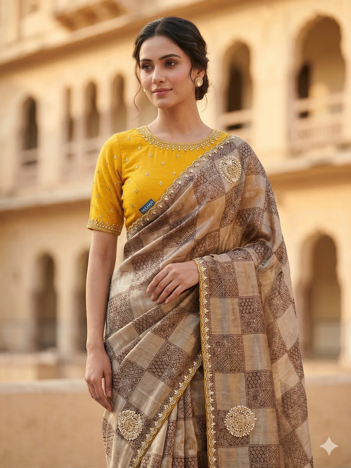 Beige & Brown Checkered Tissue Weaving Saree with Zari Motif Detailing — Champagne