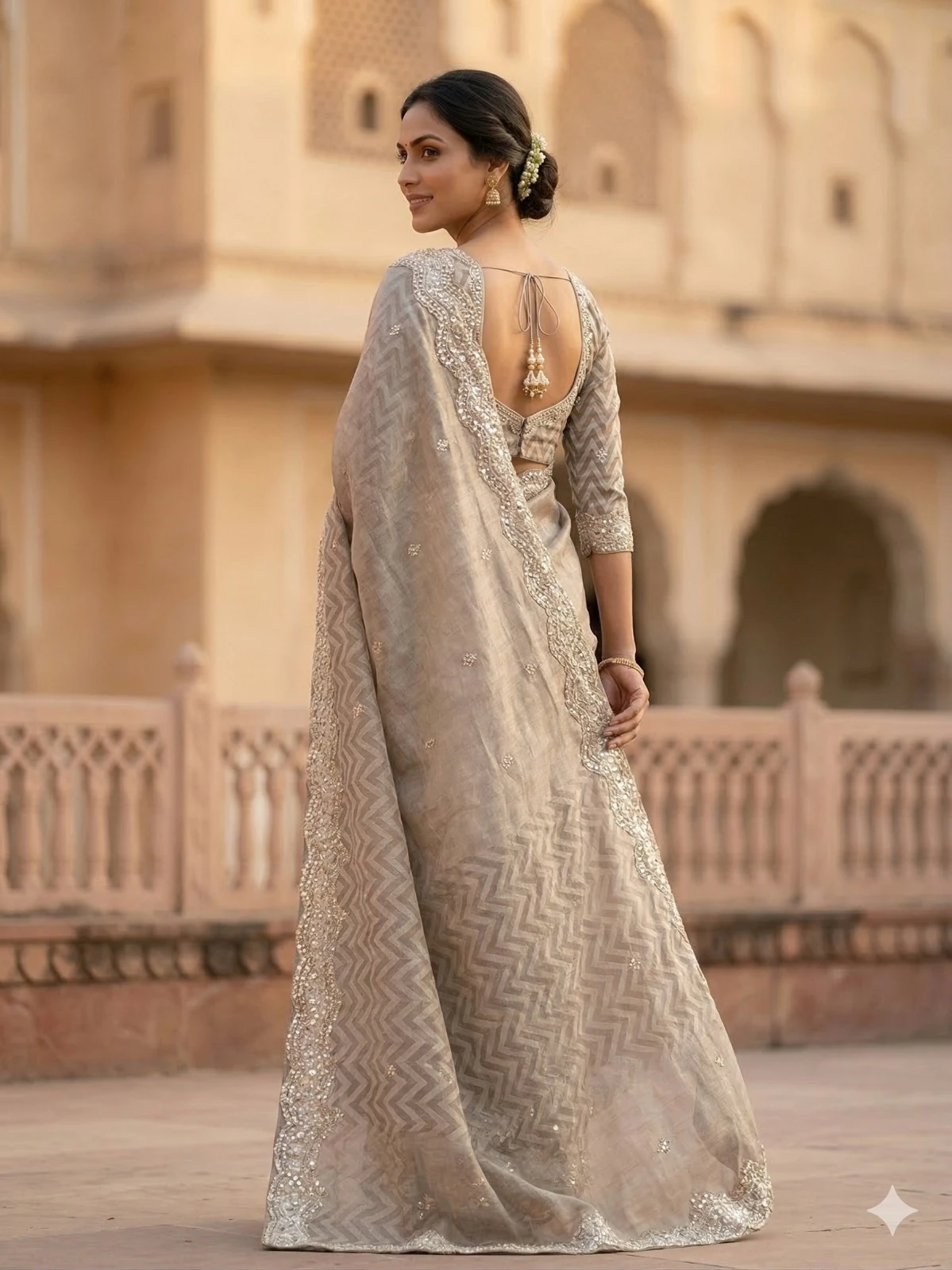Taupe Tissue Weaving Saree with Chevron Pattern and Embellished Border — Taupe