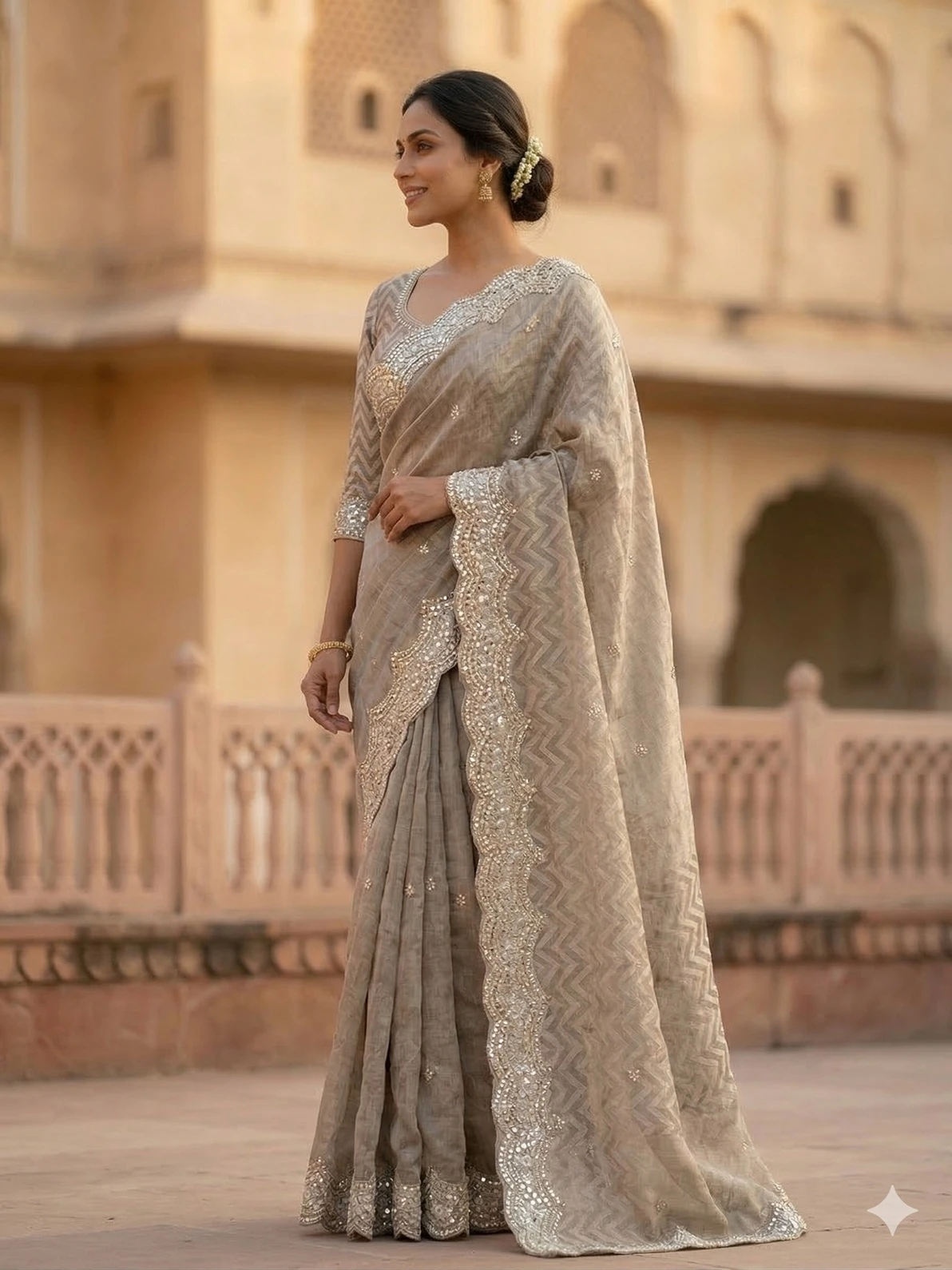 Taupe Tissue Weaving Saree with Chevron Pattern and Embellished Border — Taupe