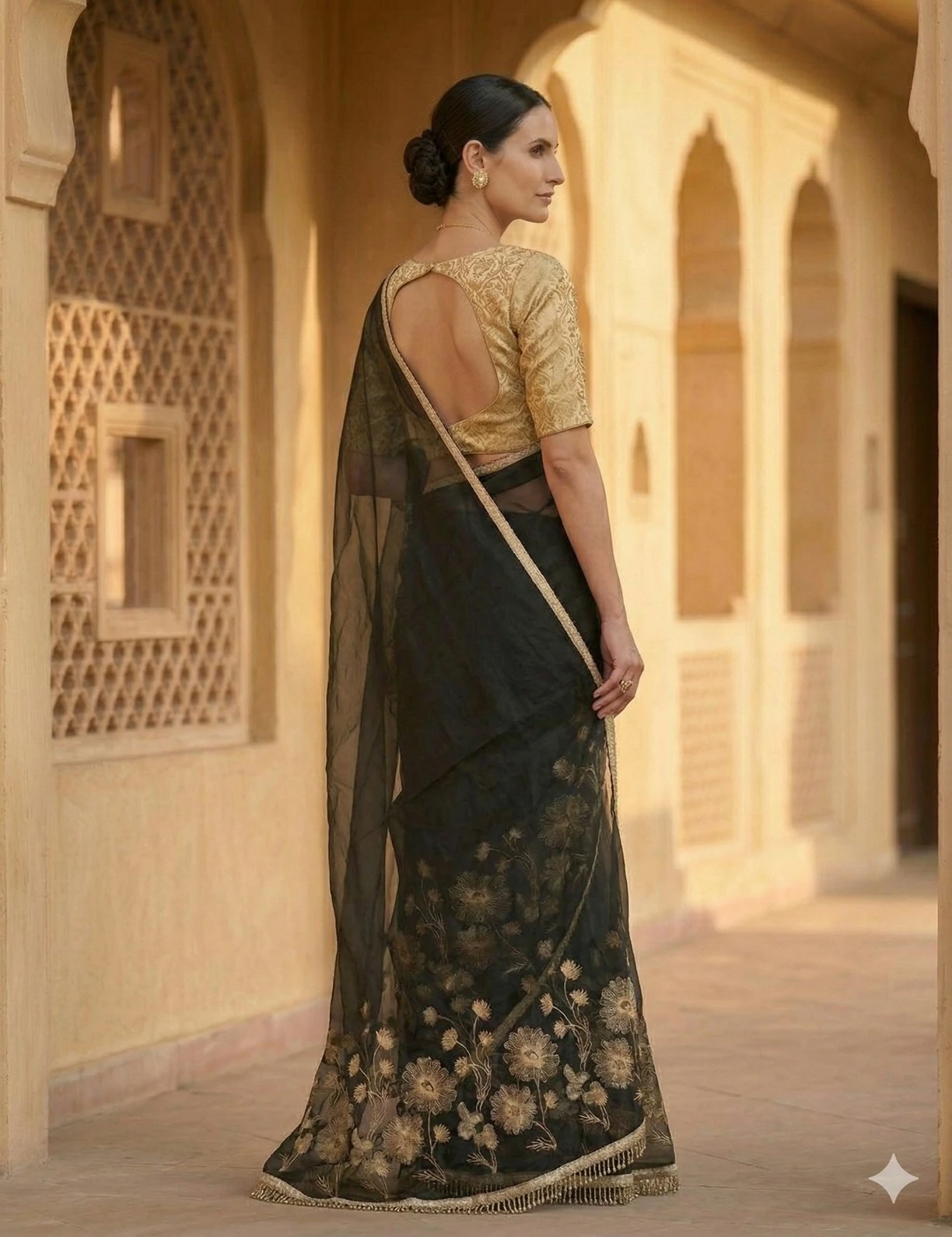 Elegant Black Organza Saree with Gold Floral Embroidery & Scalloped Border — Gold