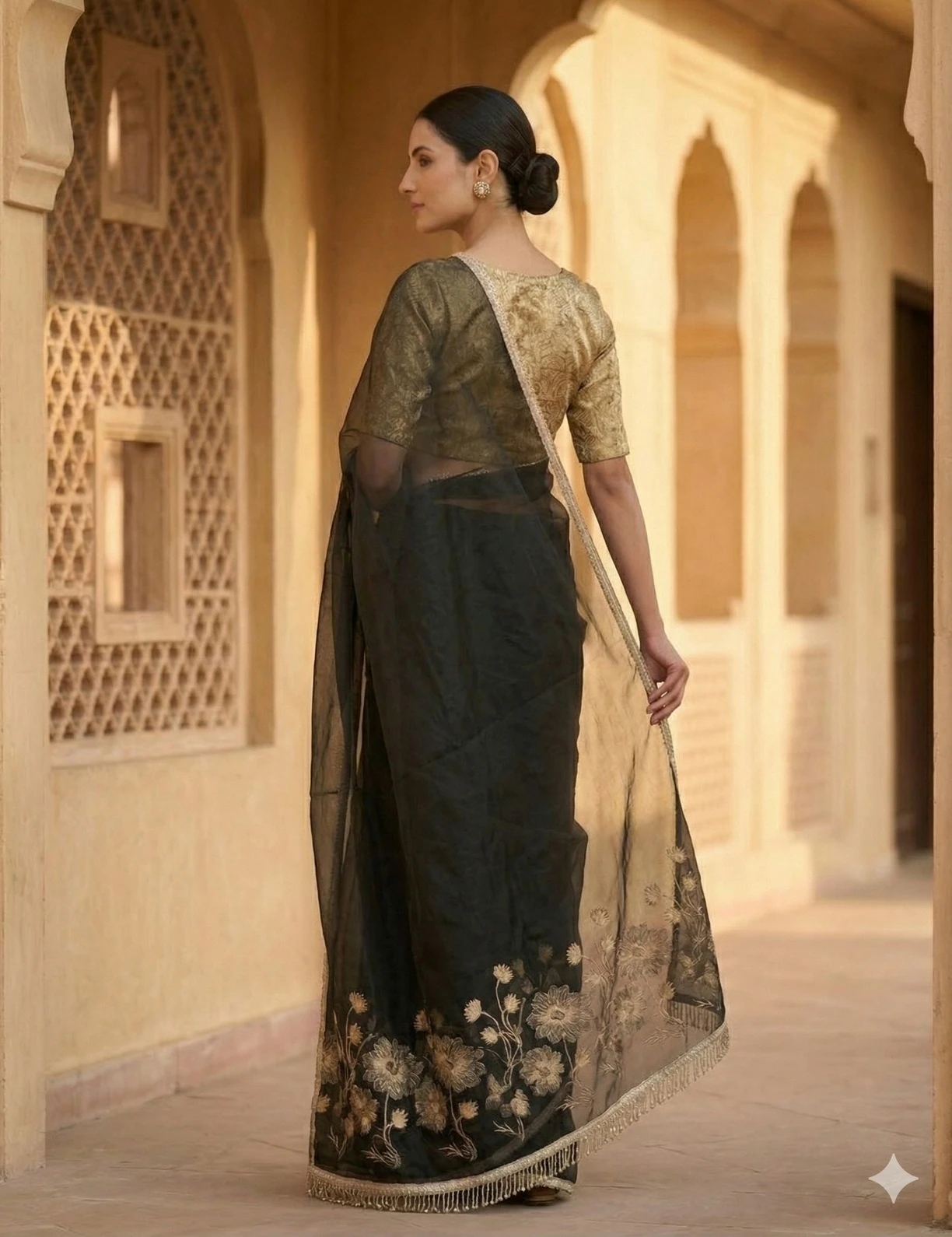 Elegant Black Organza Saree with Gold Floral Embroidery & Scalloped Border — Gold