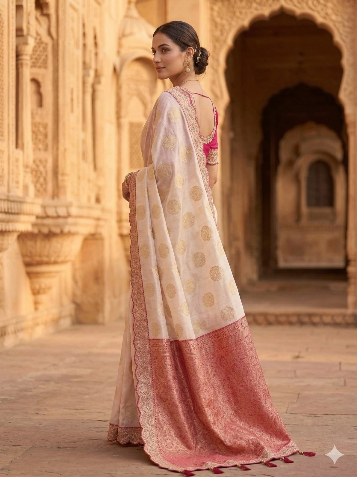 Elegant Beige Tissue Saree with Gold Buti Work & Pink Zari Border — Pink