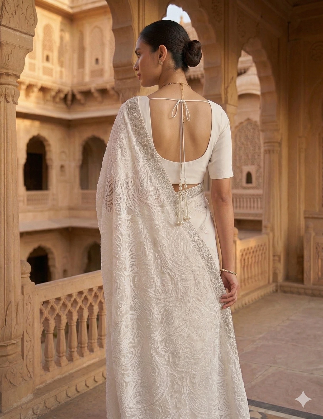 Elegant White Georgette Chikankari Saree with Intricate Hand Embroidery & Silver — Ivory