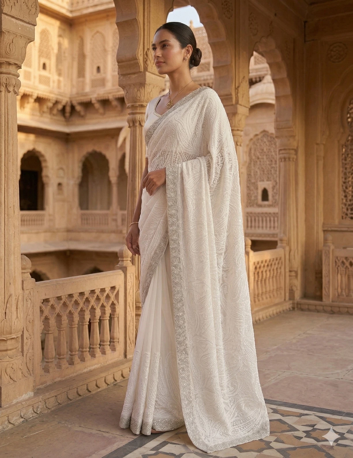 Elegant White Georgette Chikankari Saree with Intricate Hand Embroidery & Silver — Ivory