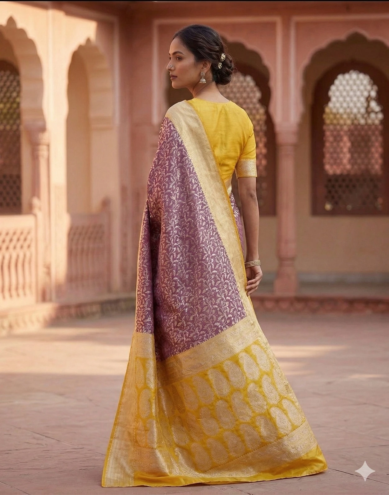Elegant Mauve Banarasi Silk Saree with Golden Zari Floral Weaving — Gold