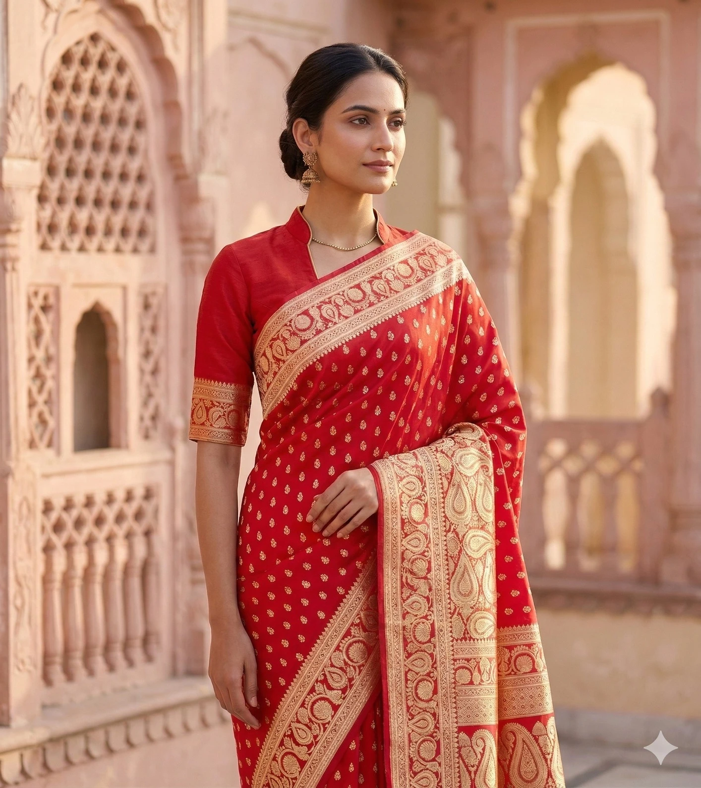 Classic Red Banarasi Silk Saree with Golden Zari Buta and Traditional Brocade Bo — Red