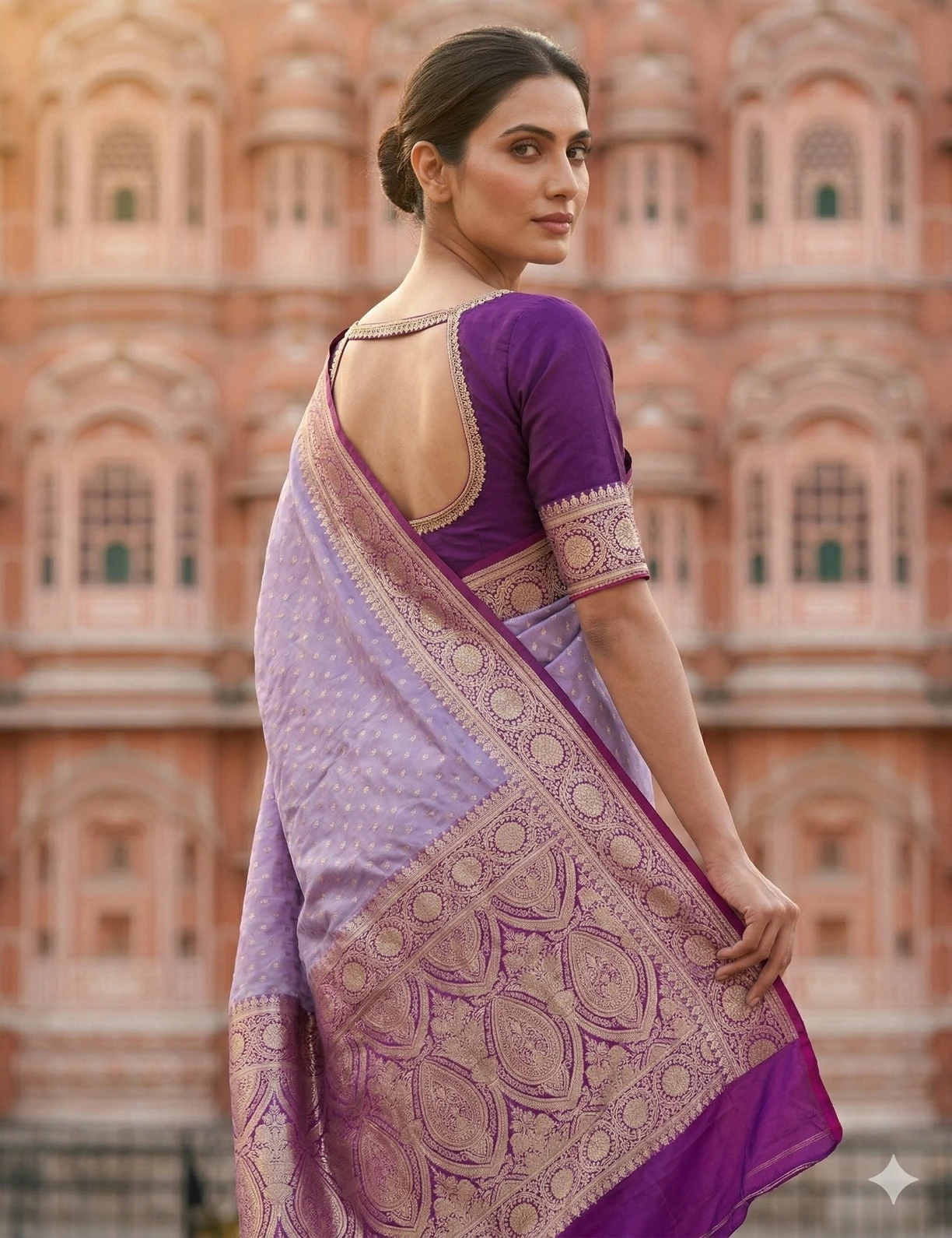 Lavender Banarasi Silk Saree with Gold Zari Buta and Royal Brocade Border — Gold