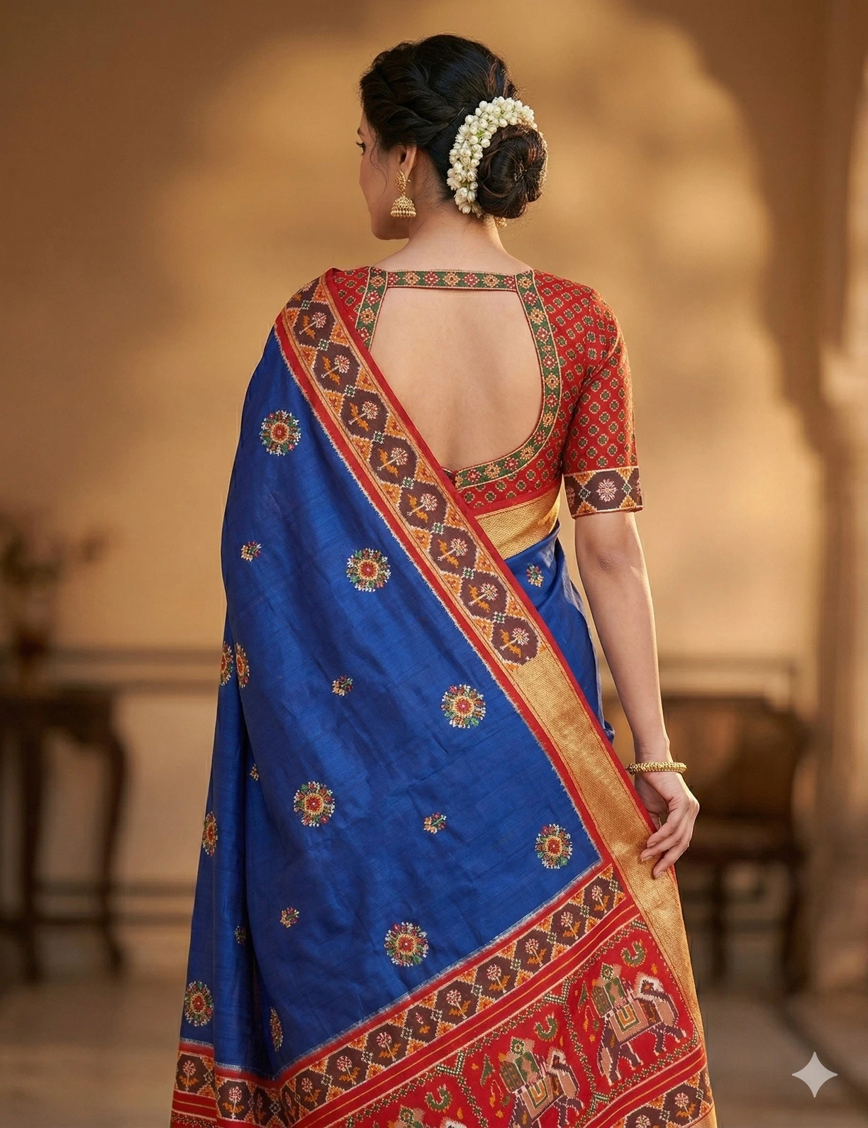 Royal Blue Patola Silk Saree with Traditional Elephant Pallu and Golden Border — Gold