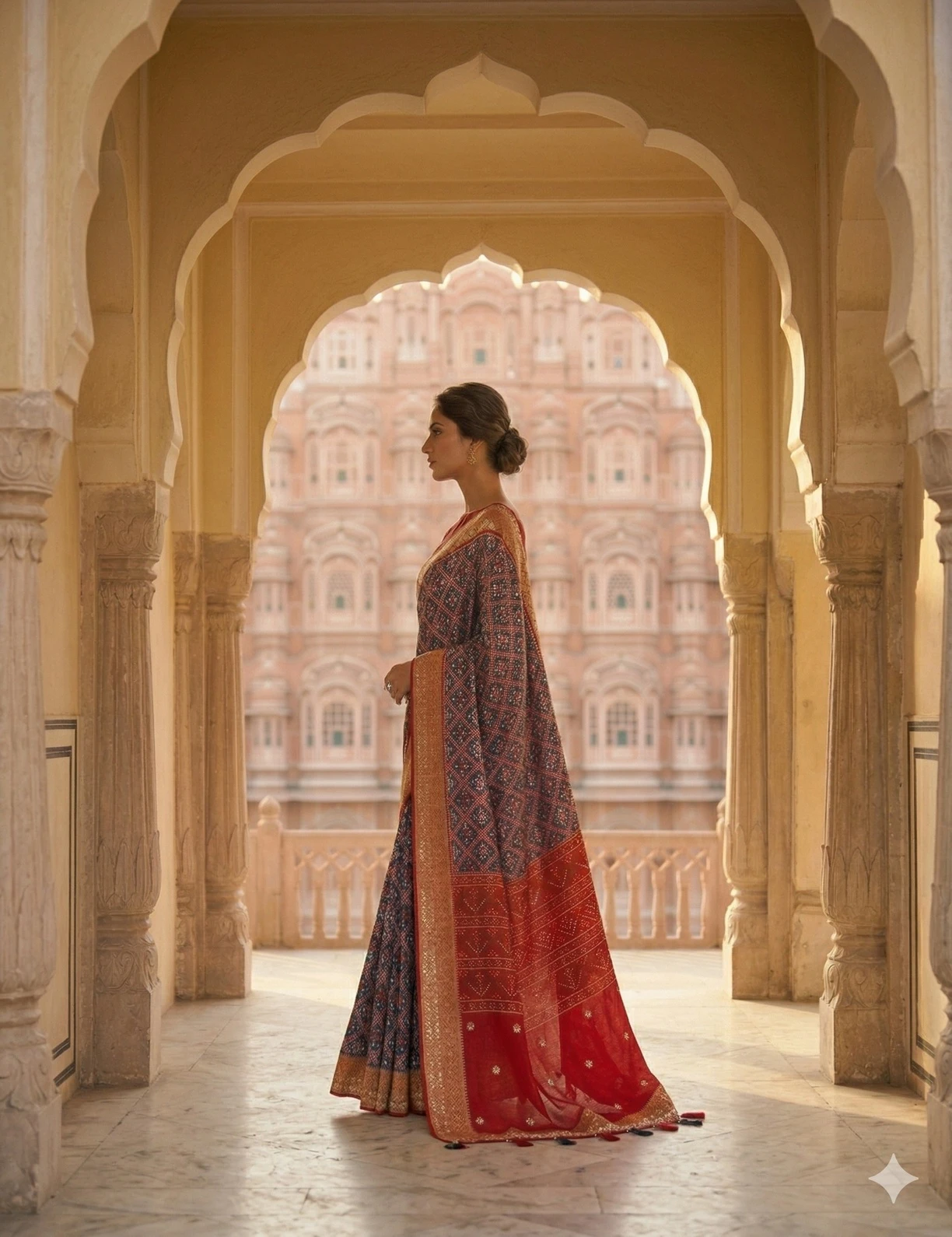 Traditional Red & Navy Blue Patola Silk Saree with Geometric Weave and Golden Za — Red
