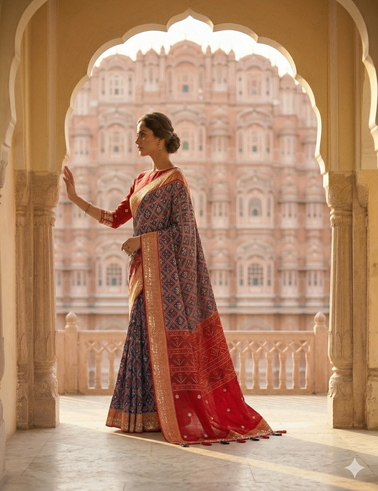Traditional Red & Navy Blue Patola Silk Saree with Geometric Weave and Golden Za — Red