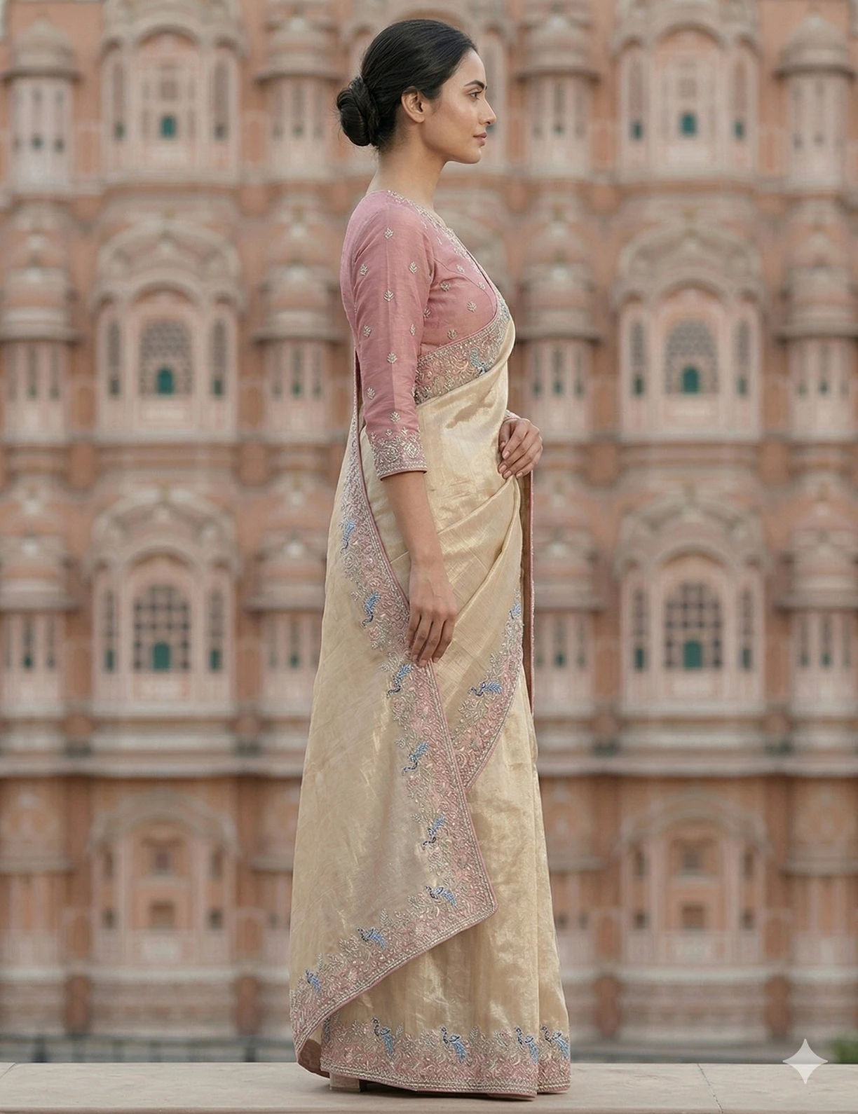 Elegant Champagne Gold Tissue Silk Saree with Pastel Peacock Embroidered Border — Gold