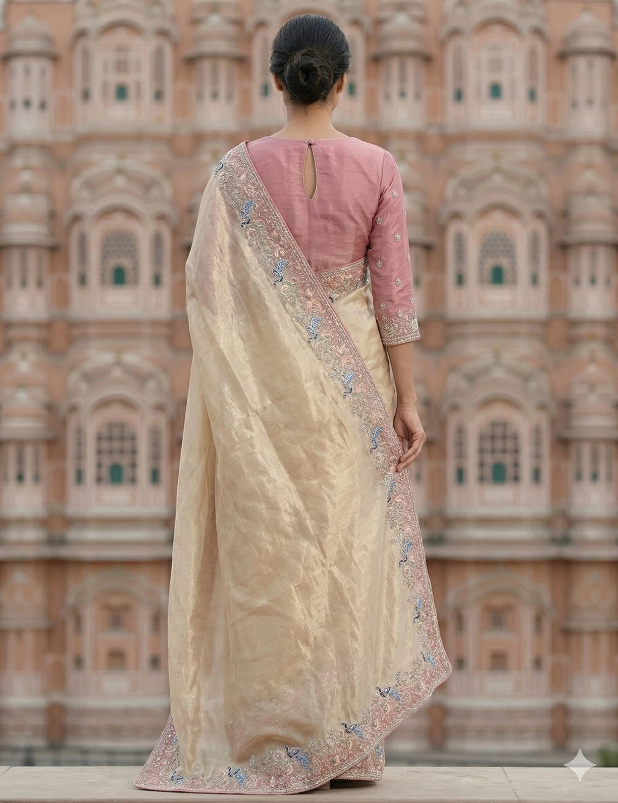 Elegant Champagne Gold Tissue Silk Saree with Pastel Peacock Embroidered Border — Gold