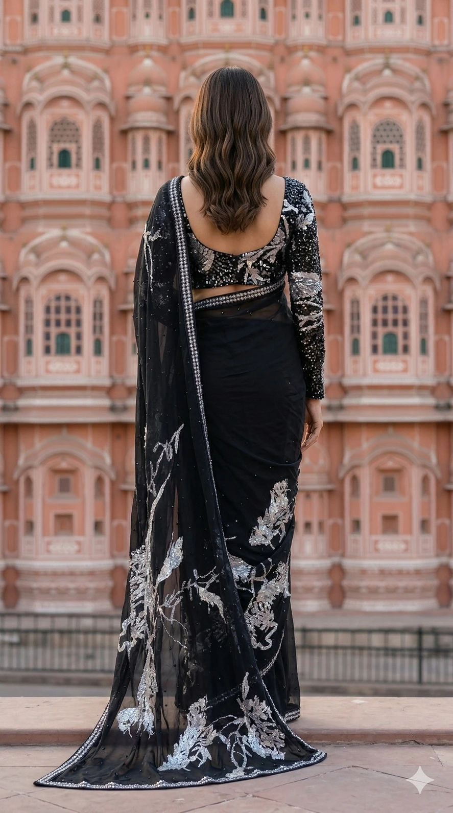 Elegant Black Chiffon Saree with Silver Floral Embroidery and Sequin Border — Black