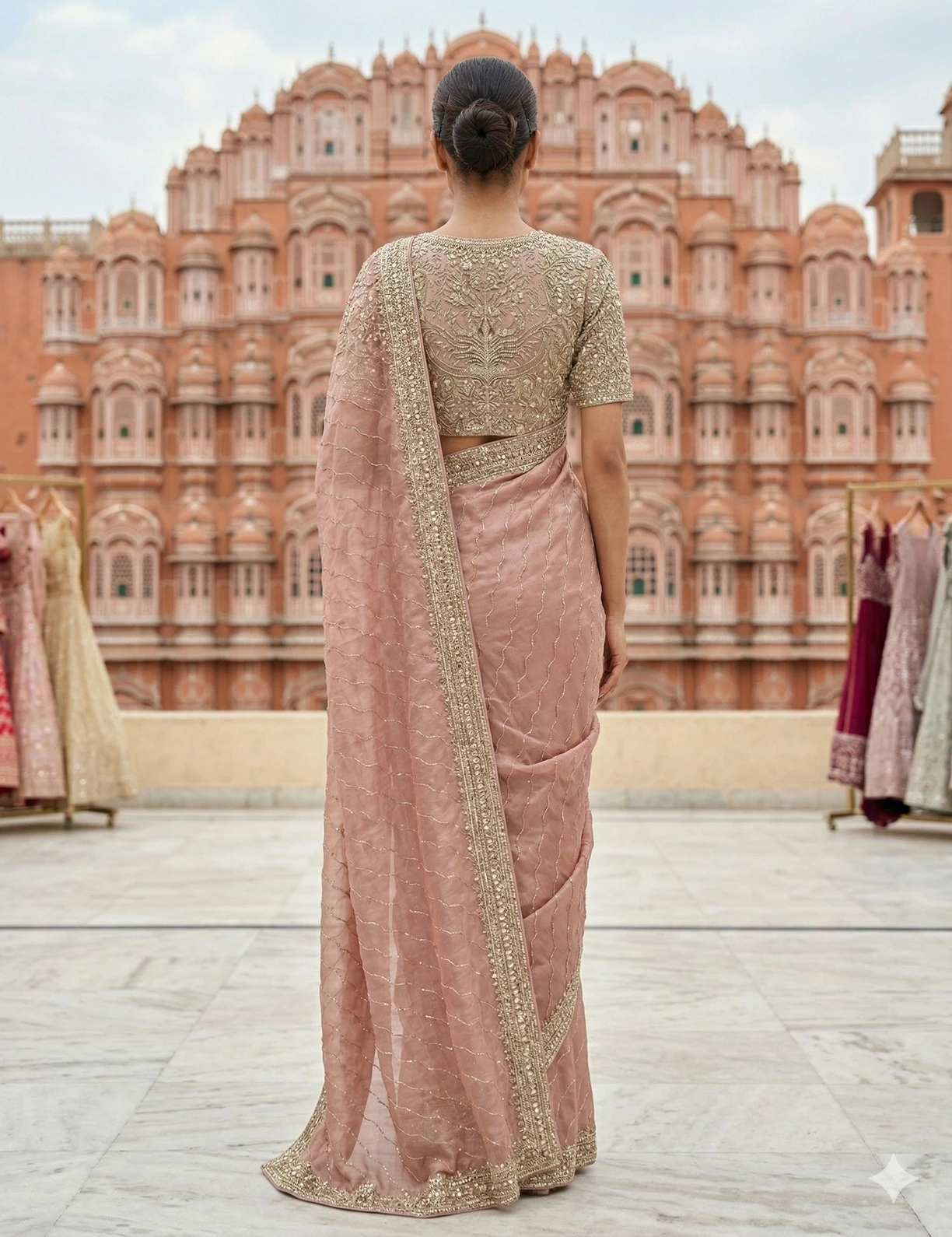 Elegant Dusty Rose Chiffon Saree with Gold Embroidered Border — Gold