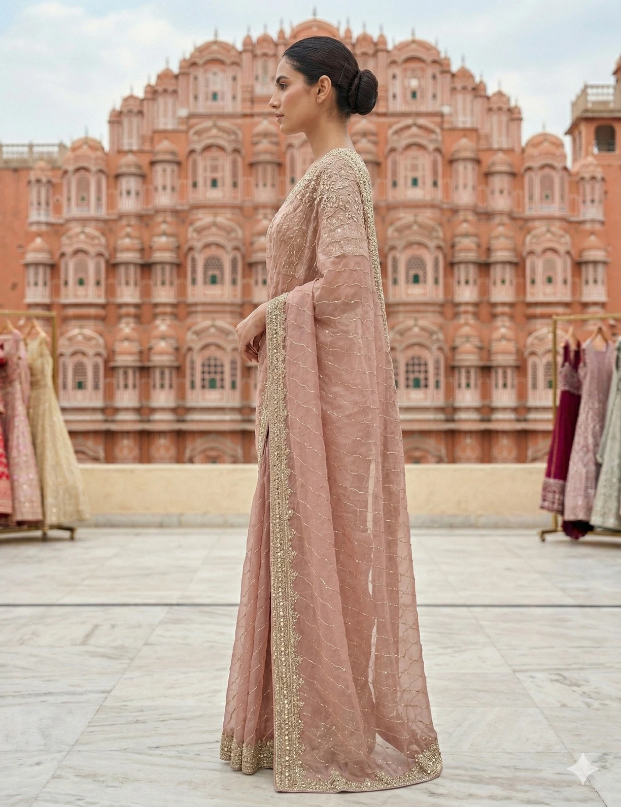 Elegant Dusty Rose Chiffon Saree with Gold Embroidered Border — Gold