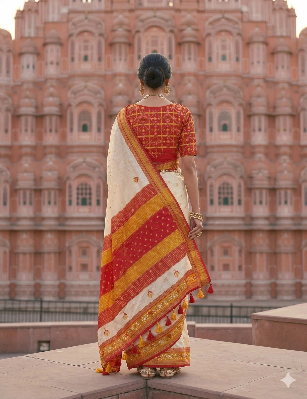 Elegant Ivory Handloom Silk Saree with Red & Mustard Traditional Border — Red