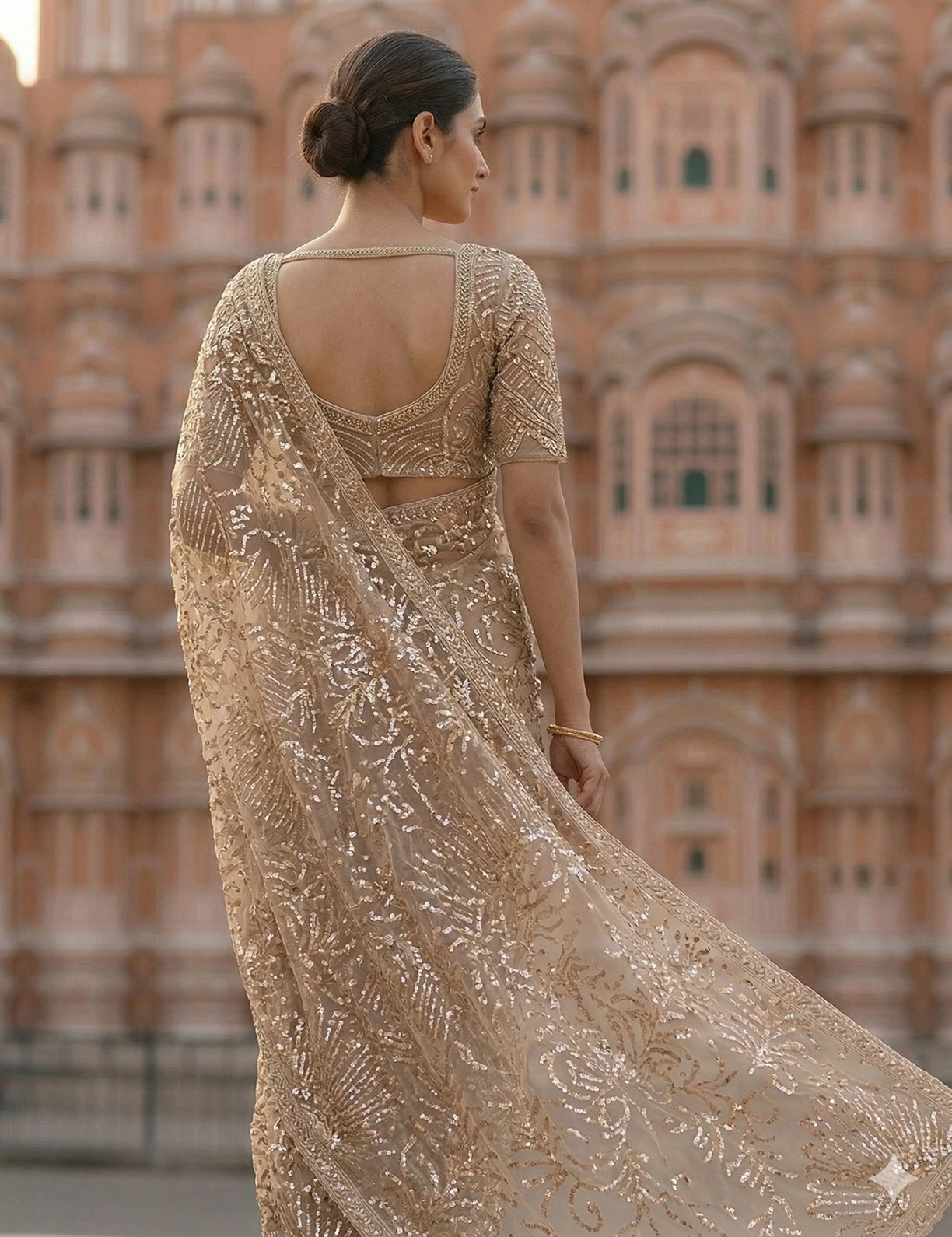 Luxury Champagne Gold Net Saree with Heavy Sequin Embroidery and Designer Border — Gold
