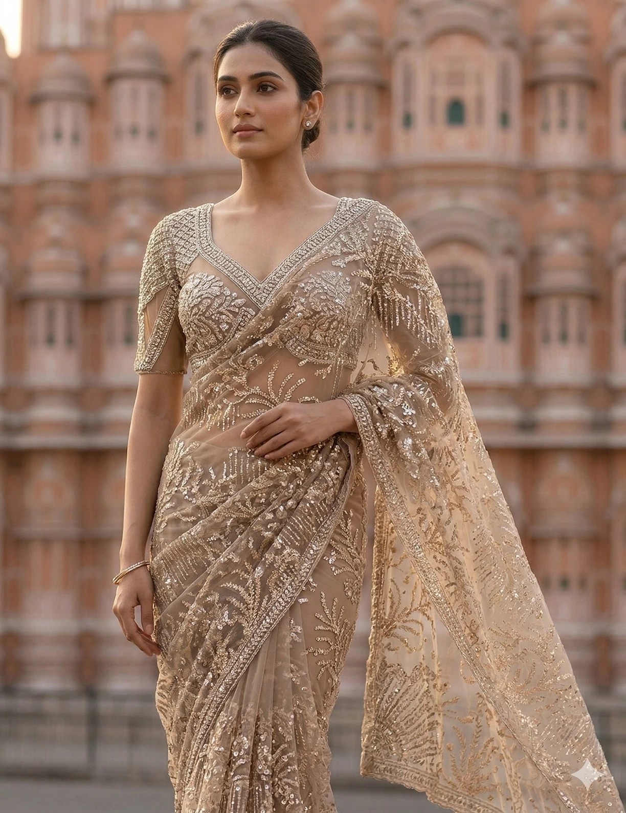 Luxury Champagne Gold Net Saree with Heavy Sequin Embroidery and Designer Border — Gold