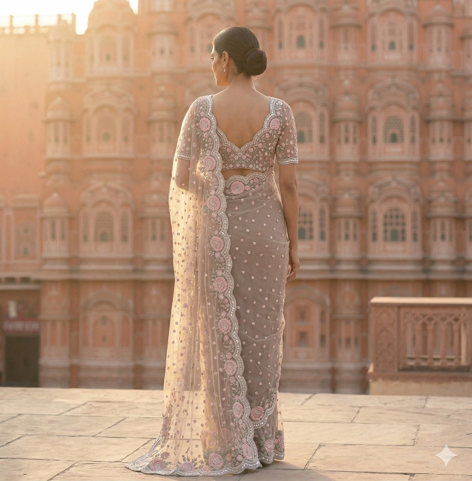 Elegant Taupe Grey Designer Net Saree with Floral Embroidery and Scalloped Borde — Silver