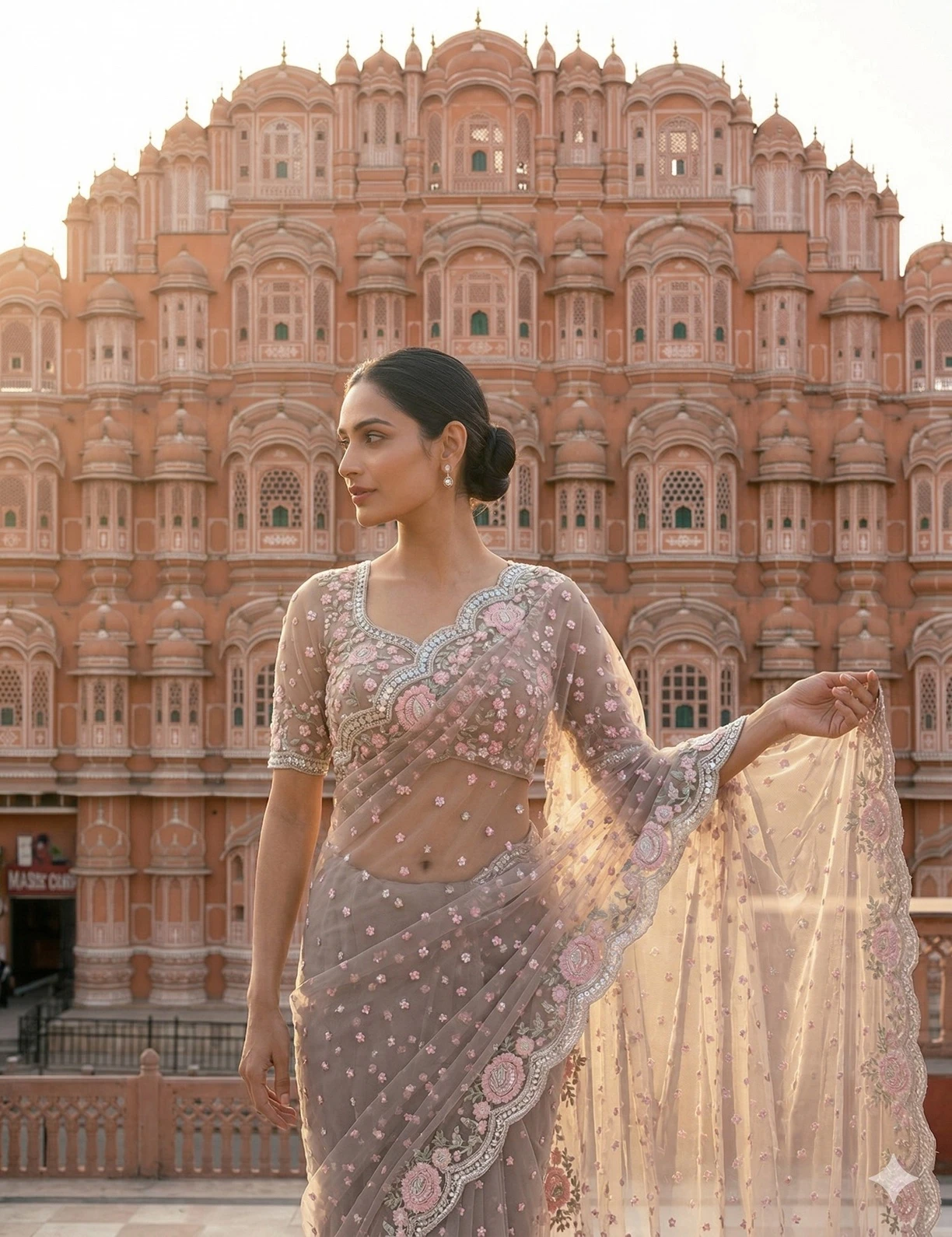 Elegant Taupe Grey Designer Net Saree with Floral Embroidery and Scalloped Borde — Silver