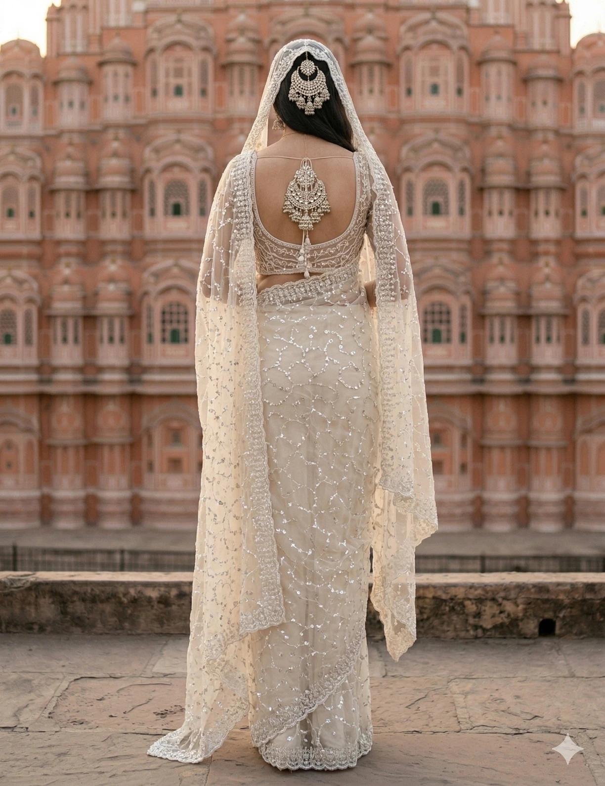 Bridal Ivory Net Saree with Heavy Sequin Embroidery and Designer Border — Ivory
