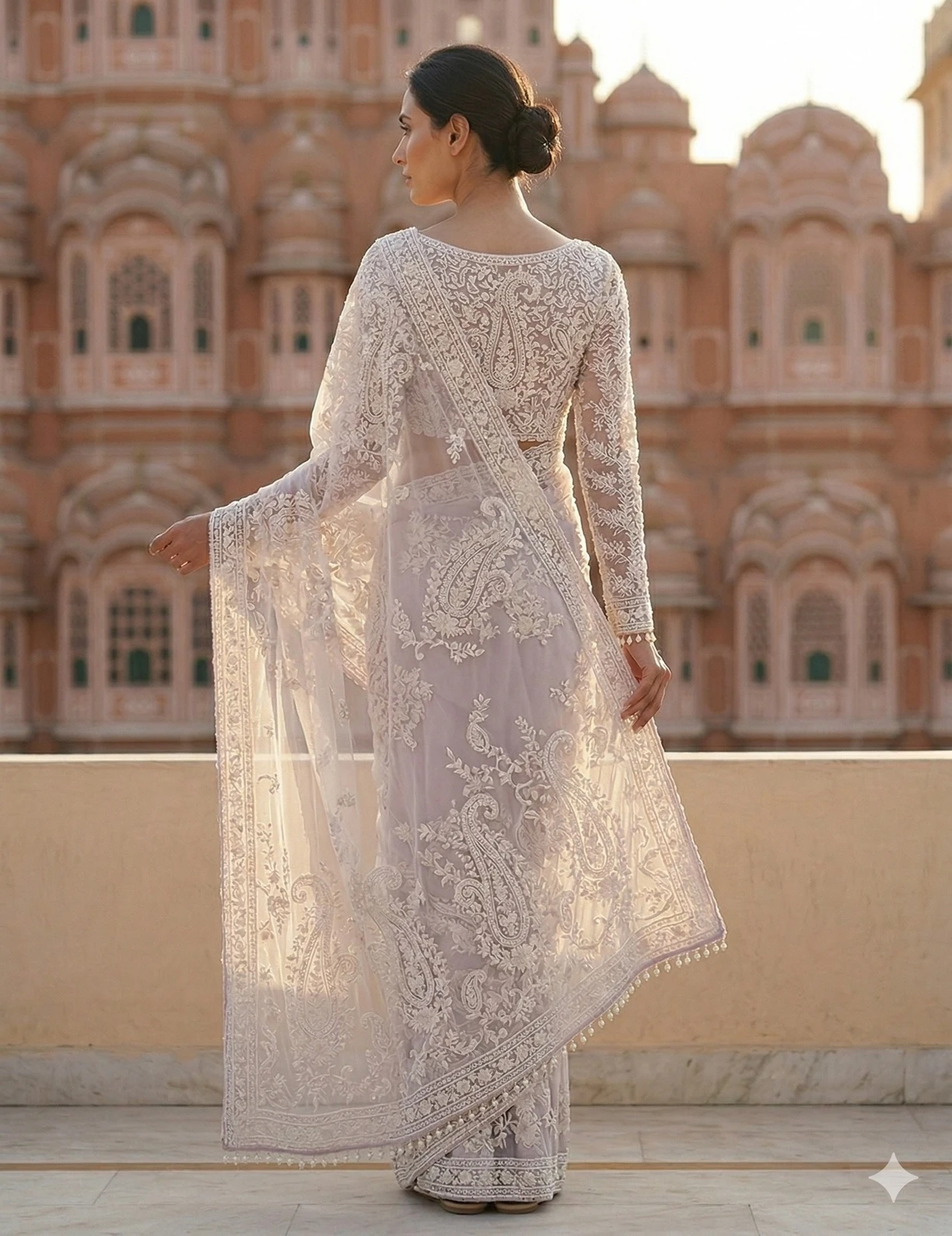 Elegant Pearl White Designer Net Saree with Intricate Paisley Embroidery — Ivory
