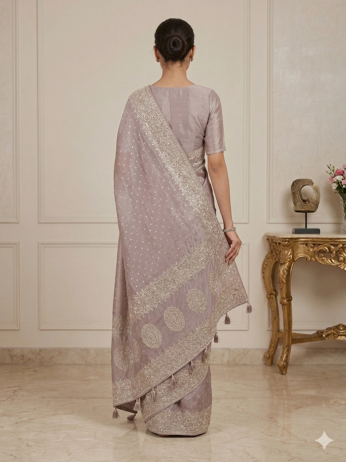 Elegant Mauve Tissue Silk Saree with Gold Zari Woven Border — Gold