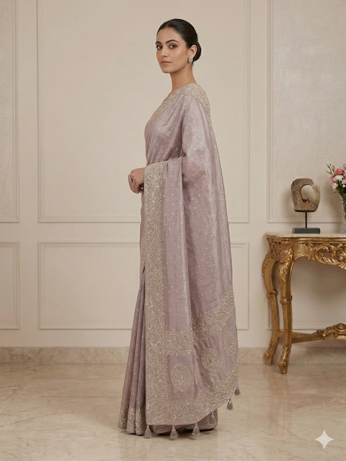 Elegant Mauve Tissue Silk Saree with Gold Zari Woven Border — Gold
