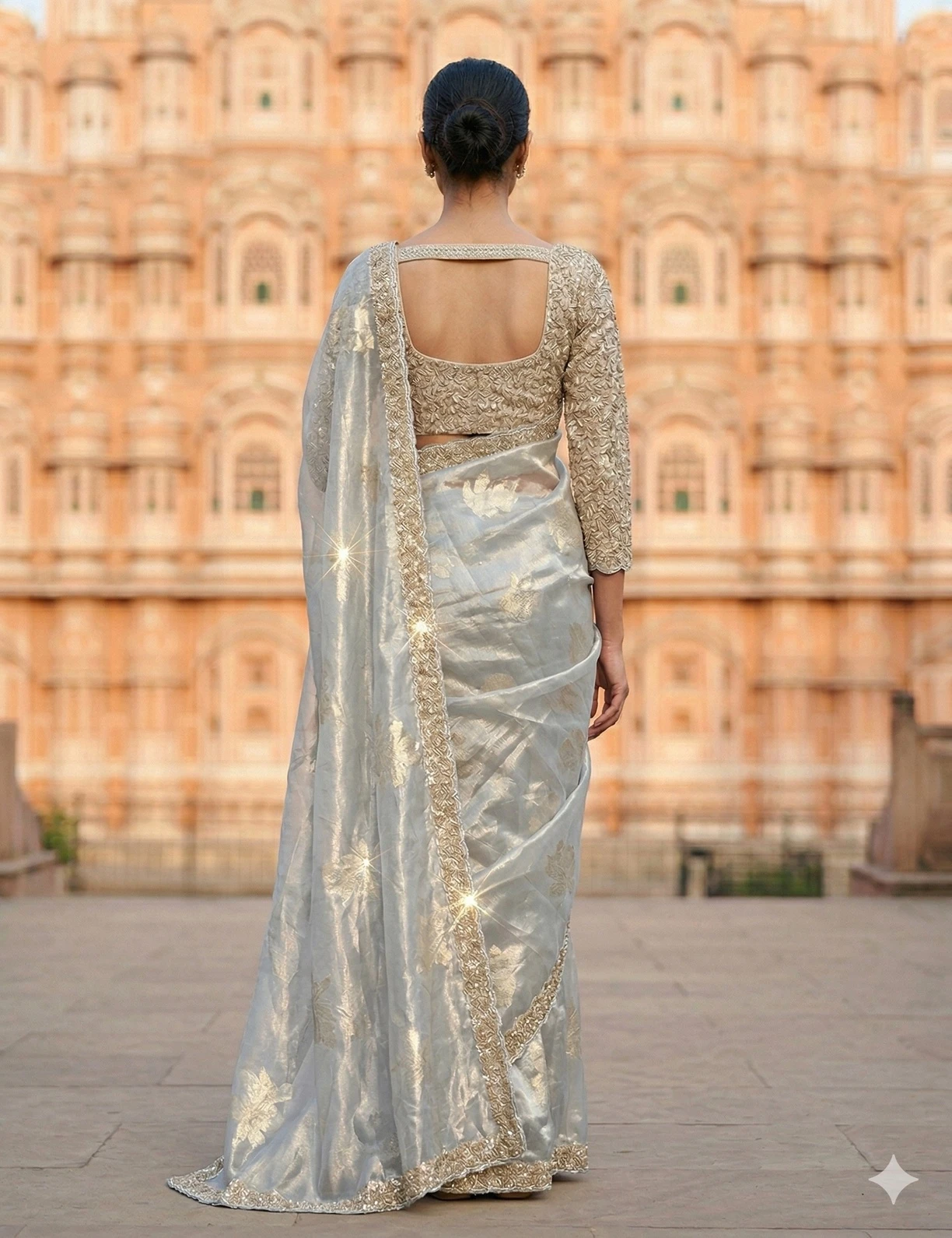 Elegant Ice Blue Tissue Silk Saree with Gold Zari Floral Weaving — Gold