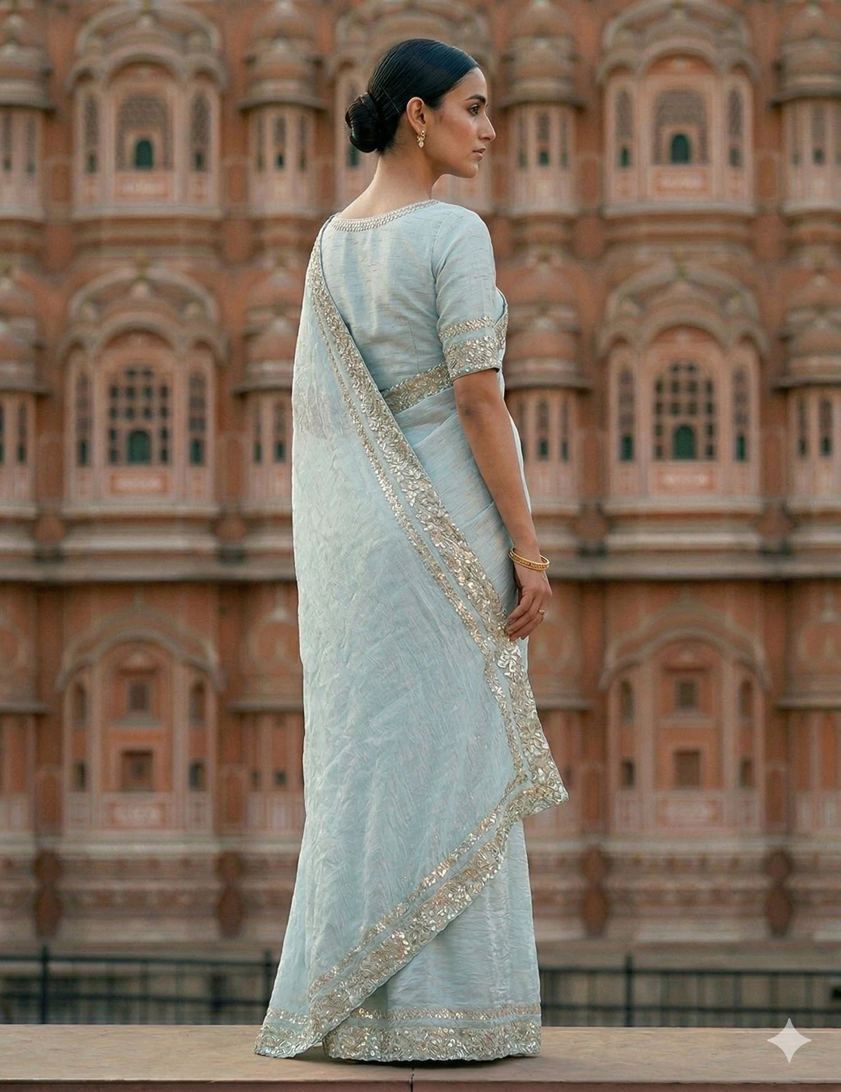 Elegant Powder Blue Tissue Silk Saree with Silver Sequins Border — Blue