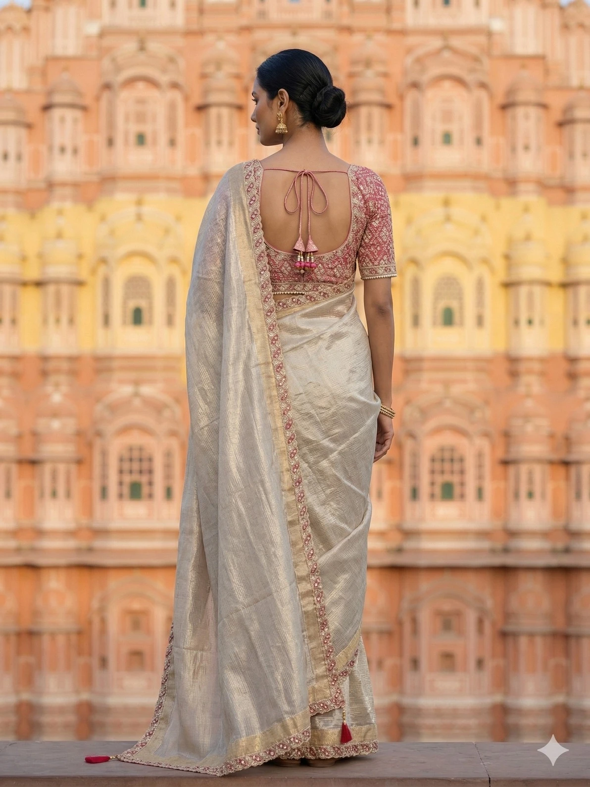Elegant Champagne Gold Tissue Silk Saree with Pink Embroidered Border — Pink