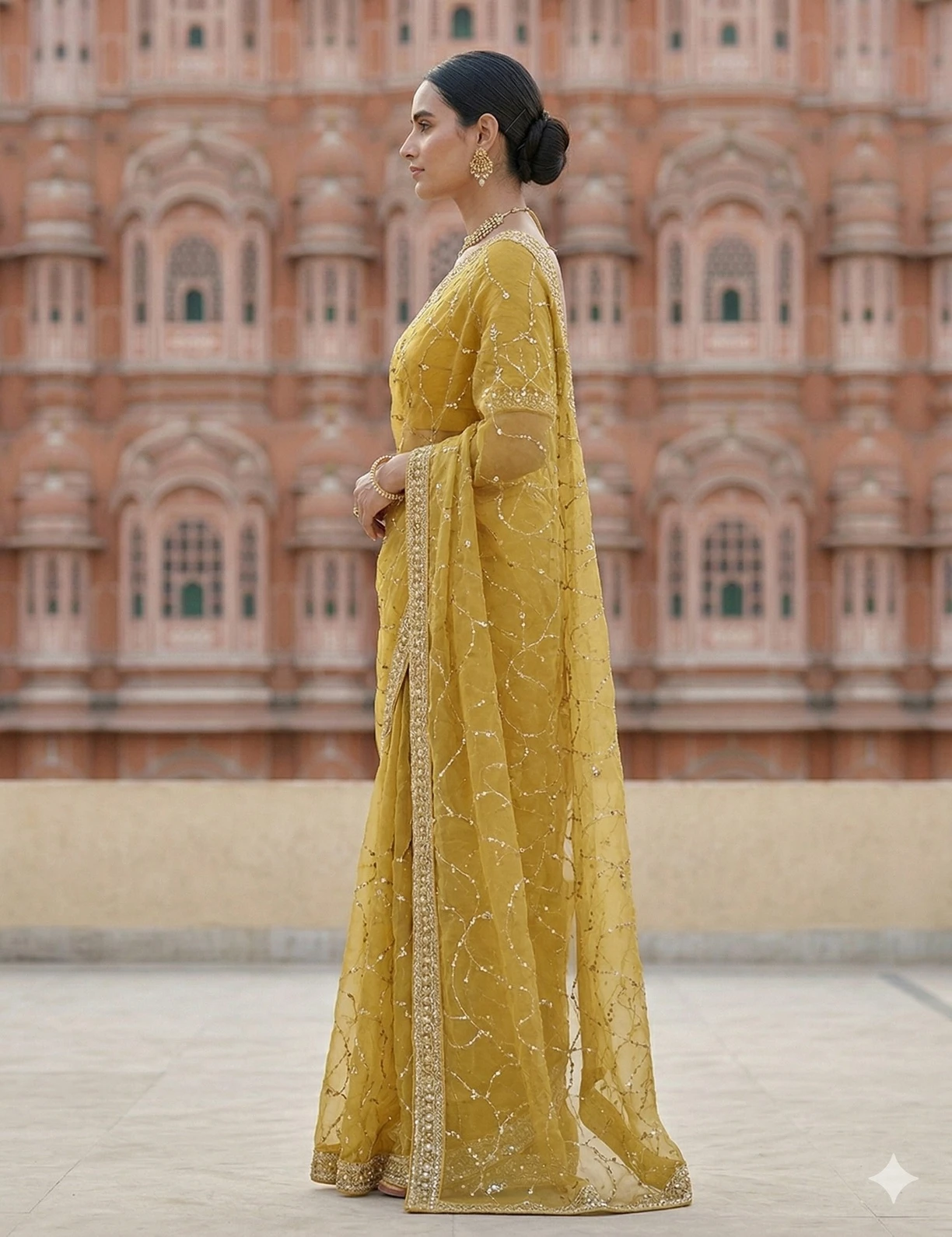 Elegant Mustard Yellow Tissue Silk Saree with Sequins Embroidered Border — Gold