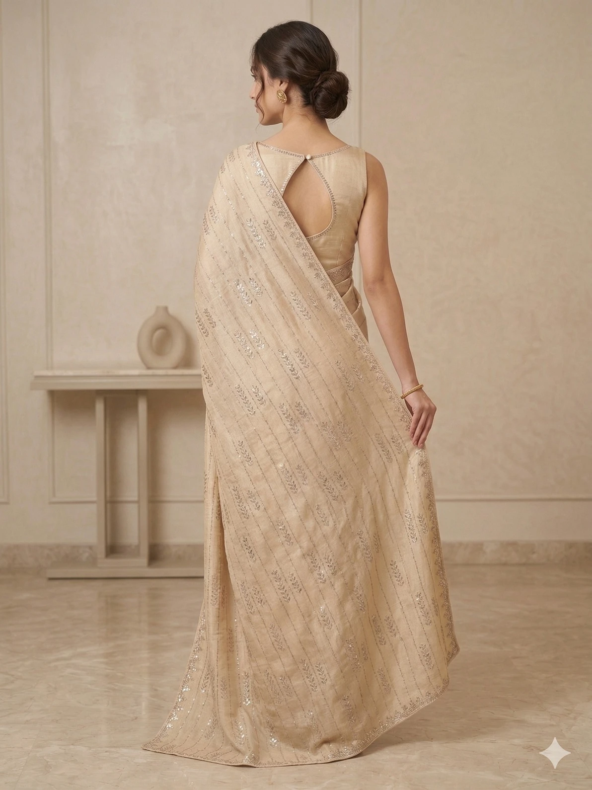 Elegant Beige Silk Chiffon Saree with Subtle Woven Detailing — Champagne