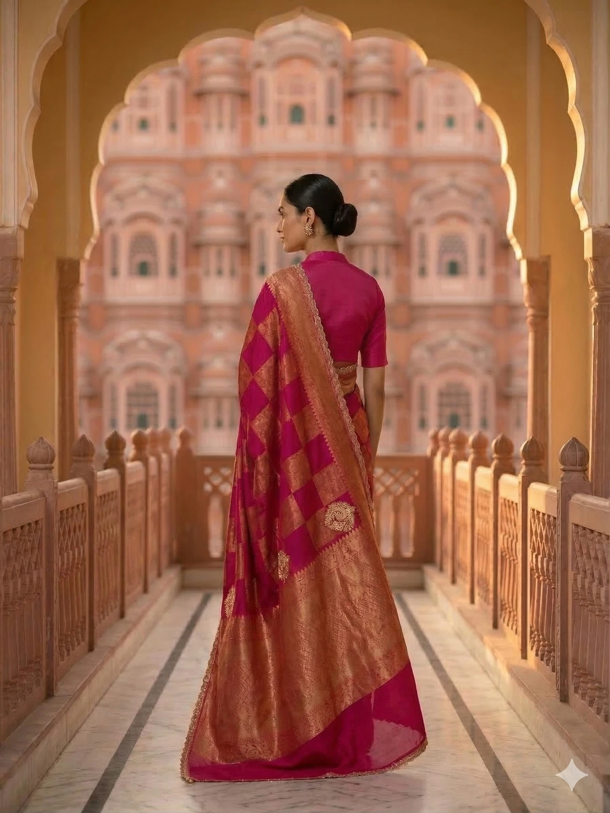 Royal Rani Pink Gajji Silk Saree with Gold Zari Check Pattern — Rani