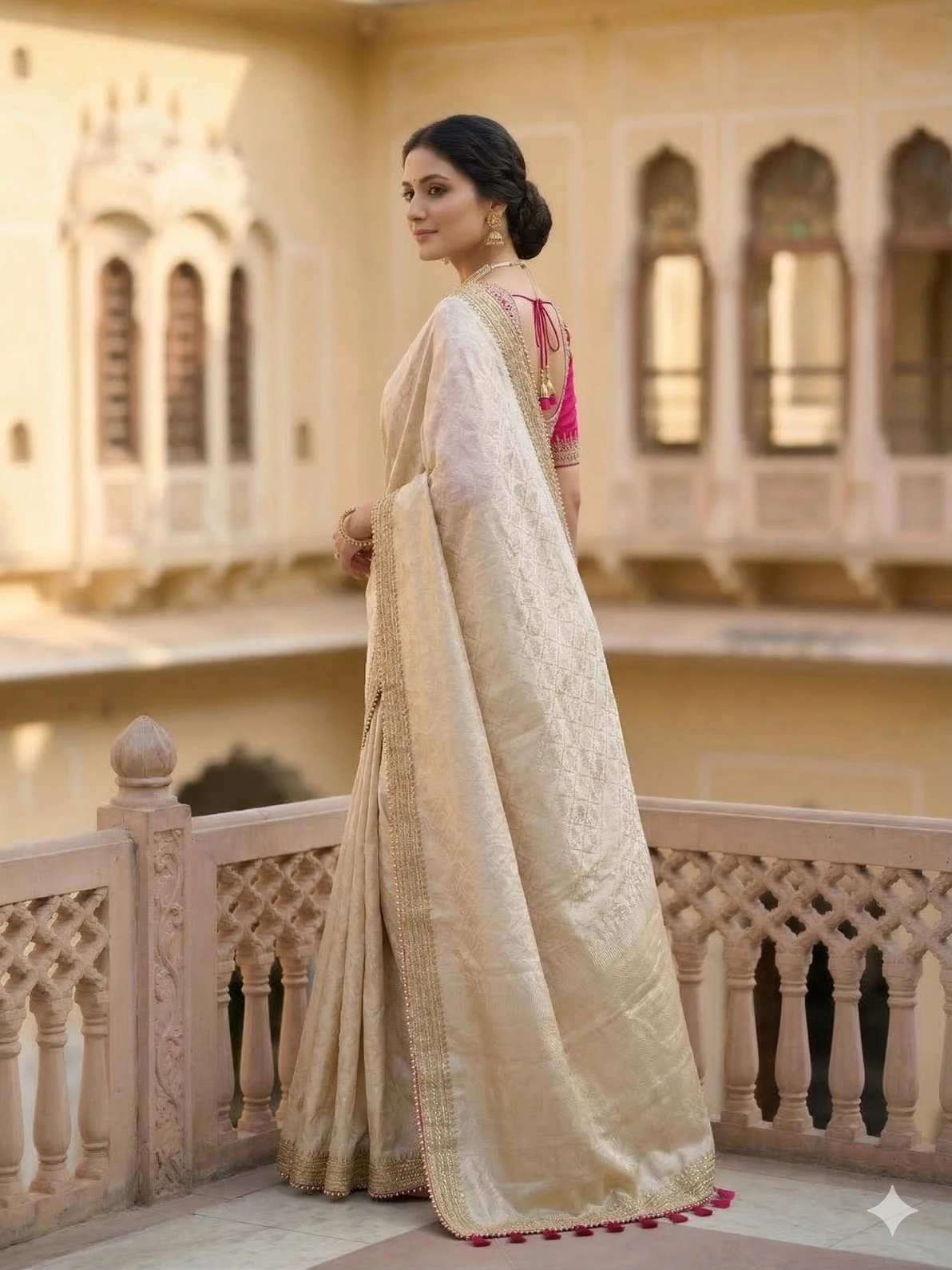 Elegant Champagne Gold Tissue Weaving Saree with Dual Blouse Options — Gold