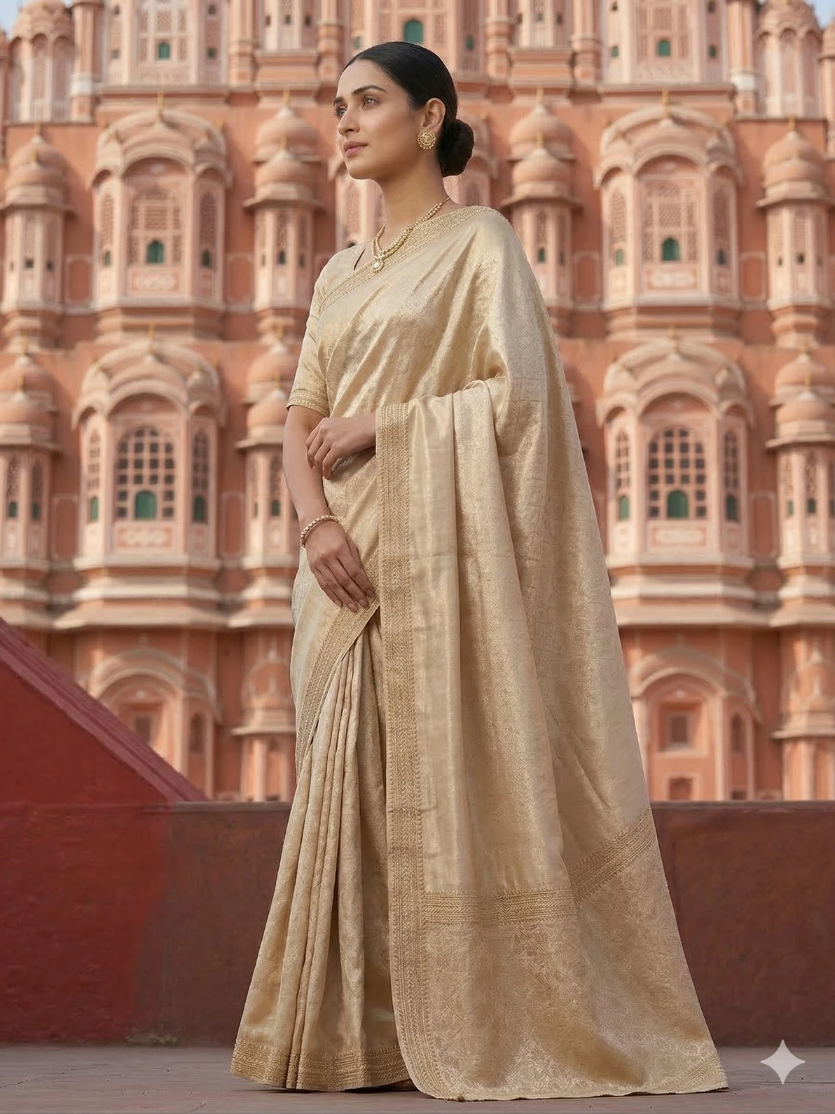 Elegant Champagne Gold Tissue Weaving Saree with Dual Blouse Options — Gold