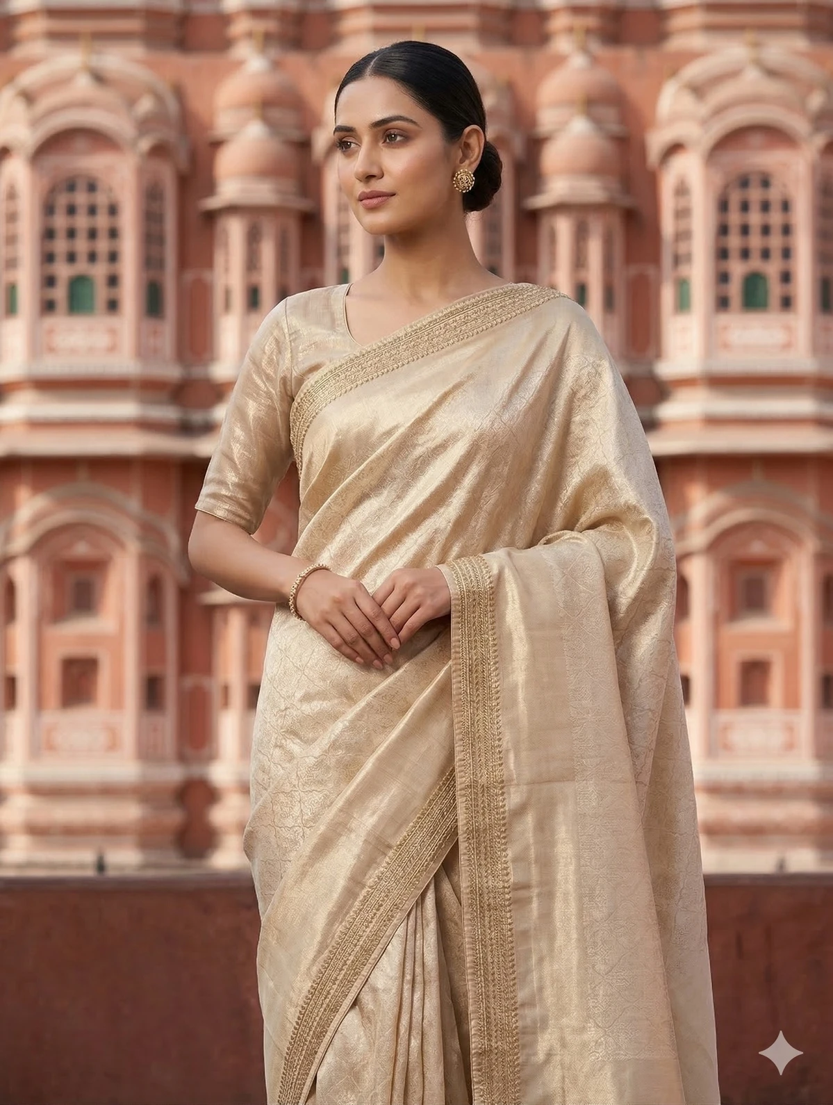 Elegant Champagne Gold Tissue Weaving Saree with Dual Blouse Options — Gold